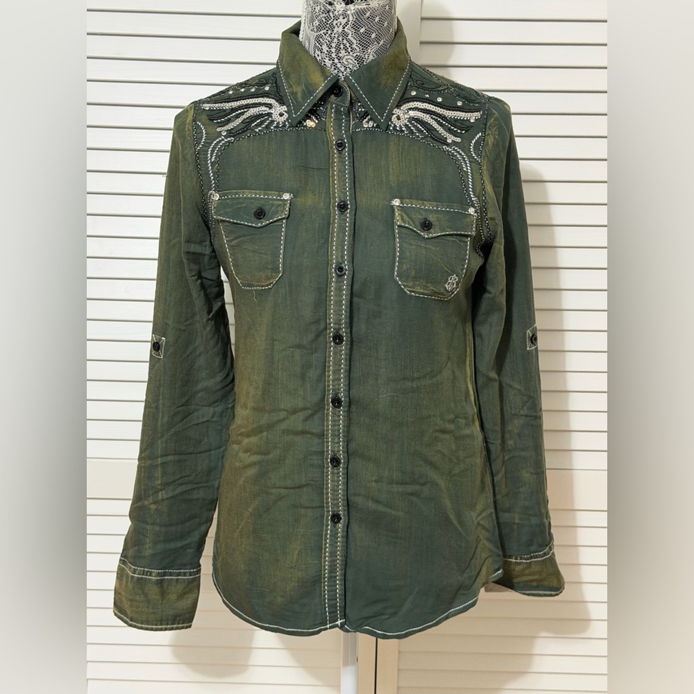 Roar Olive Green Embroidered Western Button-Up Shirt